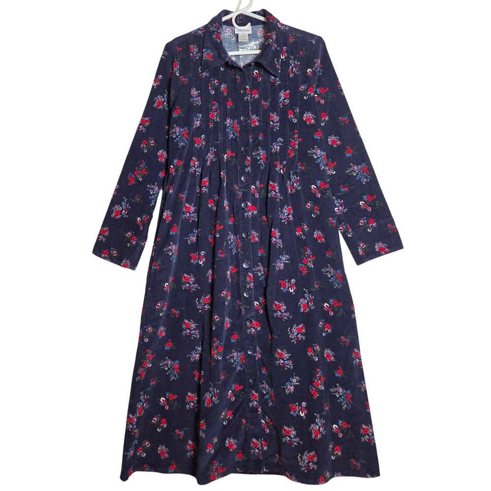 Vermont Country Store Corduroy Dress Womens S Navy Blue Floral Cottagecore Midi